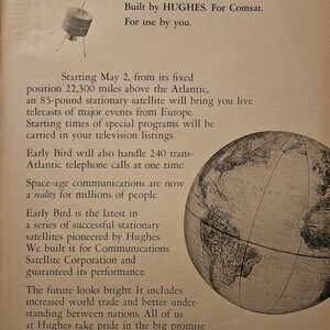 Anuncio impreso de Hughes Early Bird Satellite con decoración retro de los años 60
