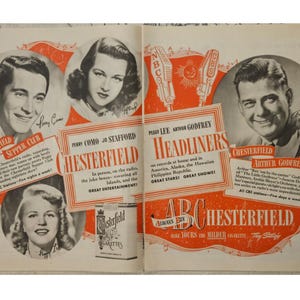 Perry Como Peggy Lee Jo Stafford Arthur Godfrey Anuncio impreso vintage Decoración retro de los años 40