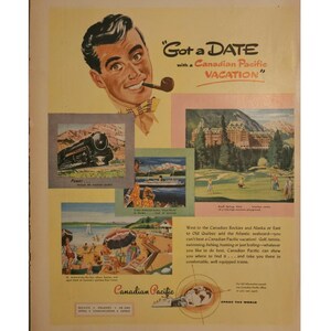 Anuncio impreso de la Canadian Pacific Railroad con decoración retro de los años 50