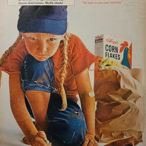 Anuncio impreso vintage de Corn Flakes de Kellogg's, decoración retro de los años 60