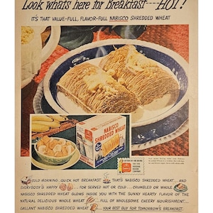 Anuncio vintage de trigo triturado Nabisco, decoración retro de los años 40