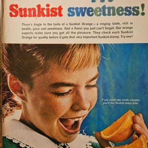 Anuncio impreso vintage de naranjas Sunkist, decoración retro de los años 60