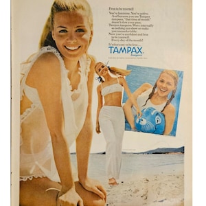 Anuncio impreso de tampones Tampax vintage, decoración retro de los años 60