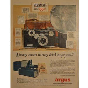 Anuncio impreso vintage de la cámara Argus y Minute Rice, decoración retro de los años 50