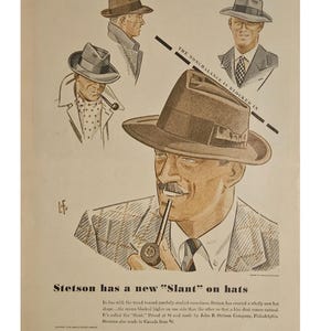 Anuncio impreso de sombrero Stetson vintage, decoración retro de los años 40
