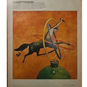 Página de revista vintage con el signo de Sagitario de astrología Decoración retro de los años 60