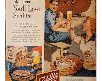 Schlitz Beer Vintage Print Ad // 1950s // Retro Decor