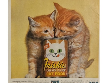 Pubblicità vintage del cibo per gatti Friskies, arredamento retrò anni '60