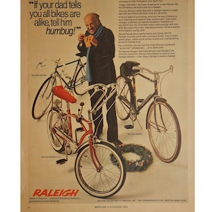 Anuncio impreso de bicicleta Raleigh vintage, decoración retro de los años 60