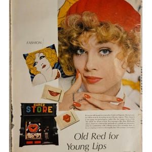 Fotografía de revista de lápiz labial rojo vintage, decoración retro de los años 60