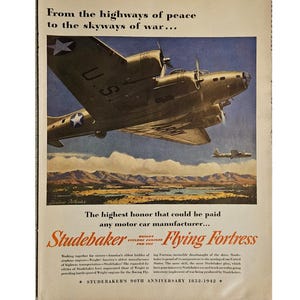 WWII Studebaker Flying Fortress War Effort Vintage Print Ad 1940s Retro Decor