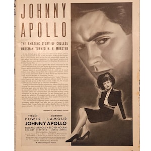 Anuncio impreso de la película "Johnny Apollo" de Tyrone Power y Dorothy Lamour, decoración retro de los años 40