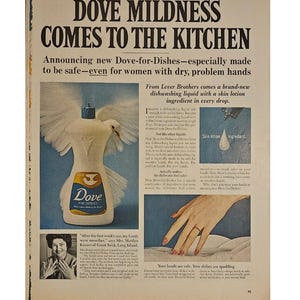 Anuncio impreso vintage de jabón lavavajillas Dove, decoración retro de los años 60