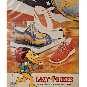 Anuncio impreso vintage de zapatos Lazy Bones, decoración retro de los años 70