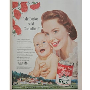 Anuncio impreso vintage de leche evaporada Carnation, decoración retro de los años 50