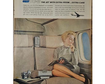 Anuncio impreso vintage de United Airlines DC-8 de la década de 1960. Decoración retro.