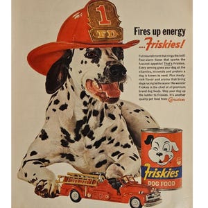 Anuncio vintage de comida para perros Friskies, decoración retro de los años 60