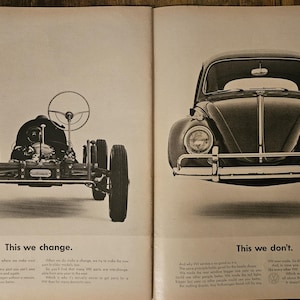 Anuncio impreso vintage del Volkswagen Beetle, decoración retro de los años 60