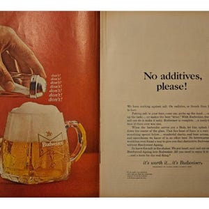 Anuncio impreso vintage de cerveza Budweiser, decoración retro de los años 60
