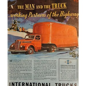 Anuncio impreso vintage de International Trucks, decoración retro de los años 30