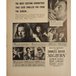 Anuncio impreso vintage de la película Argel, Hedy Lamarr, Charles Boyer, decoración retro de los años 30
