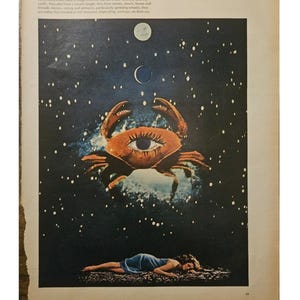 Página de revista de astrología vintage con el signo de Cáncer, decoración retro de los años 60