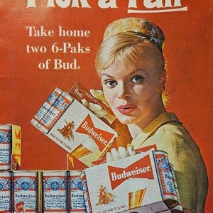 Anuncio impreso vintage de cerveza Budweiser // 1961 // Decoración retro