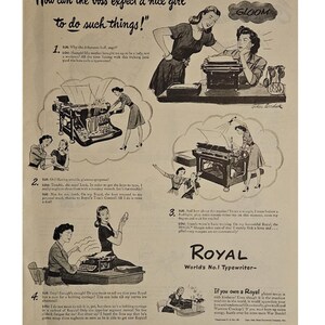 Anuncio impreso de máquina de escribir Royal vintage, decoración retro de los años 40