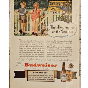 Anuncio impreso vintage de cerveza Budweiser, decoración retro de los años 40