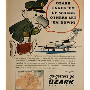 Anuncio impreso vintage de Ozark Airlines, decoración retro de los años 60