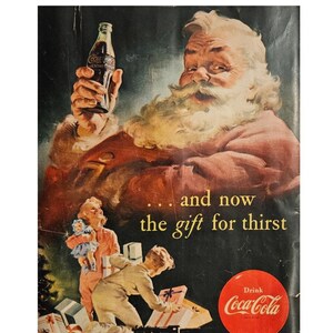 Anuncio impreso vintage de Coca-Cola con Papá Noel, decoración retro de los años 50
