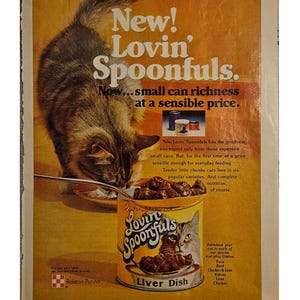 Anuncio vintage de comida para gatos Lovin' Spoonfuls, decoración retro de los años 70