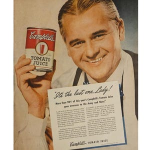 Anuncio vintage de jugo de tomate Campbell's, decoración retro de los años 40