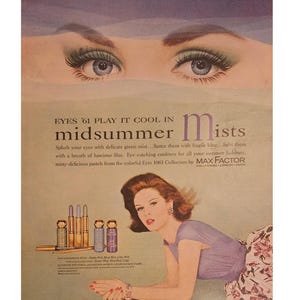 Anuncio impreso vintage de Max Factor Cosmetics, decoración retro de los años 60