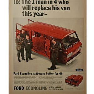 Anuncio impreso de furgoneta Ford Econoline vintage con decoración retro de los años 60