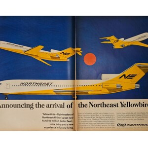 Anuncio impreso vintage de los Yellowbirds de Northeast Airlines, decoración retro de los años 60