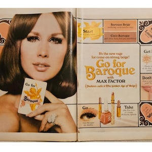 Anuncio impreso vintage de Max Factor Cosmetics, decoración retro de los años 60