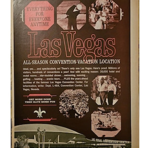 Anuncio impreso vintage de turismo de Las Vegas, decoración retro de los años 60