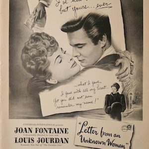 Anuncio de película impresa de Joan Fontaine/ Louis Jourdan // Carta de una mujer desconocida // Años 40 // Decoración retro
