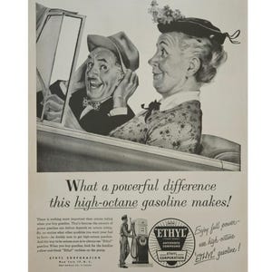 Anuncio impreso vintage de gasolina etílico, decoración retro de los años 50
