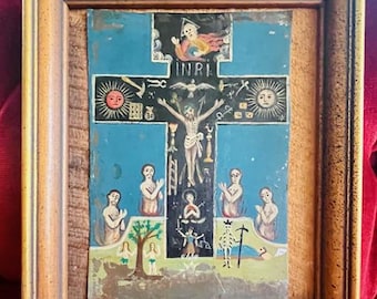 Blue-toned "The Cross of Souls" antique Mexican retablo