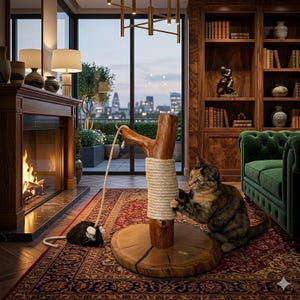 May include: A wooden cat scratching post with a rope-wrapped central column and a branch extending from the top. A cat is interacting with the post. The post is on a rug in a room with a fireplace and a view of a city.