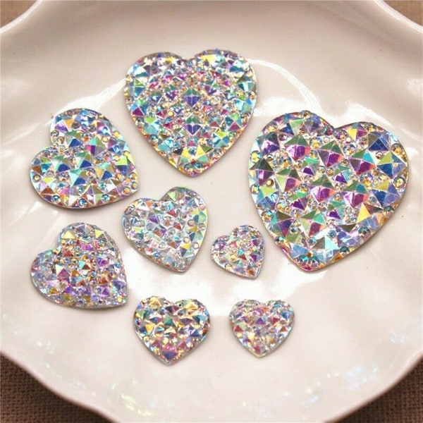 Heart Bling Crystal AB Resin Rhinestone Flat back Cabochon Stone DIY Wedding Various Sizes