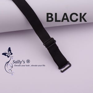 May include: A black adjustable elastic strap featuring a plastic slider and a hook fastener. The text BLACK is printed in the upper right corner. A logo with a butterfly and the text Sally's Elevate your look, elevate your life is visible.