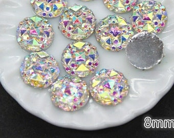 Round Bling Crystal AB Resin Rhinestone Flat back Cabochon Stone DIY Wedding - 8 MM