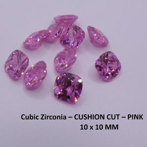 Cushion Cut - Cubic Zirconia Loose Stones  Gems - PINK  - 10 MM x 10 MM  - Pack of 5