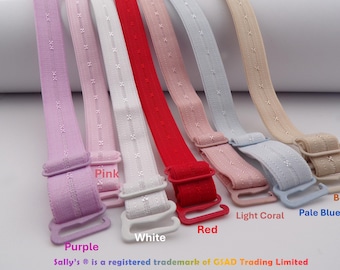 May include: Assortment of bra straps in various colors, including purple, pink, white, red, light coral, pale blue, and beige. Each strap features a decorative pattern and adjustable hardware for a secure fit. The straps are designed for lingerie.