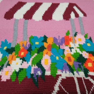 Vintage Intarsia gehäkelte Afghan, 1970er Jahre, Decke, Pink, Blumenwagen-Design