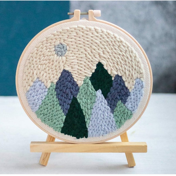 Beginners Punch Needle Kit, Forest, Mountains, Moon, DIY Embroidery, Hoop Wall Decor, Pillow Applique, Rug Yarn