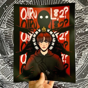May include: A black and white illustration of a person wearing a black hoodie and a gold crown. The person is surrounded by black hands reaching towards them. The background is red with white text that says "Oiru L82?" repeated multiple times.